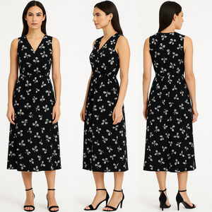Anne Klein Vneck Sleeveless Floral Pattern Midi Dress Womens Type Size 4